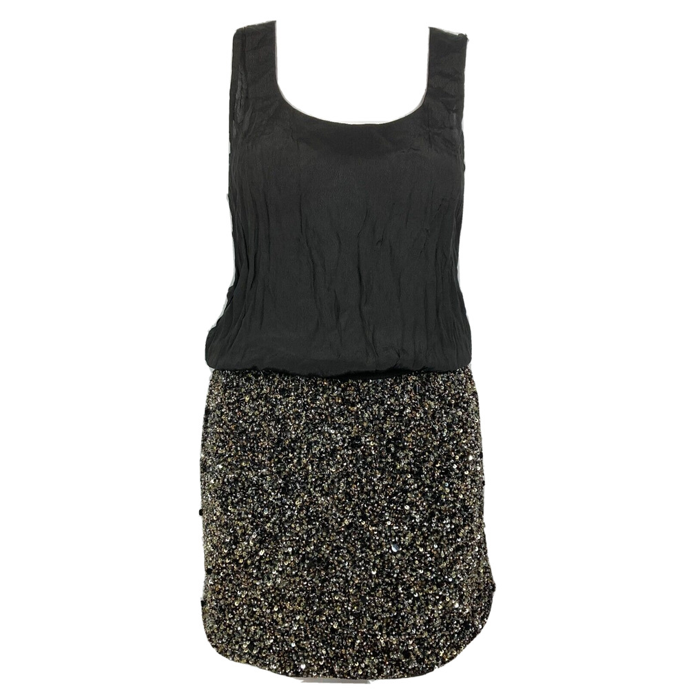 Karina Grimaldi Dress Womens Sz XS Black‎ Silk Beaded Sleeveless Blouson Mini
